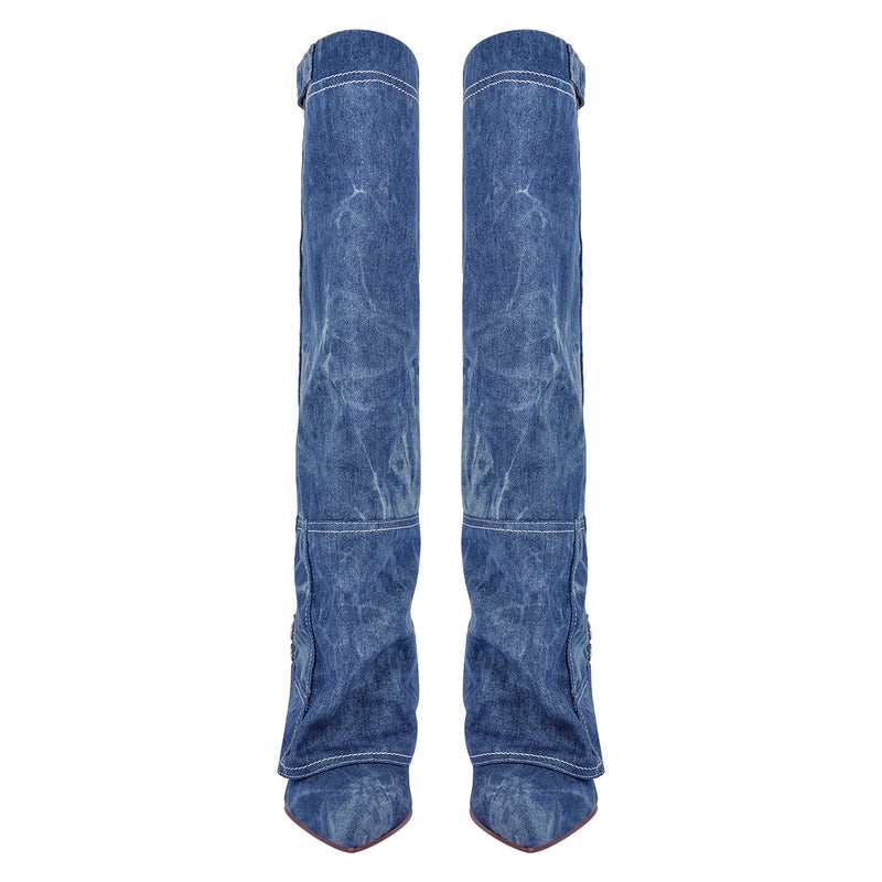 Denim Pointed Toe Wedge Heel Fold Over Boots