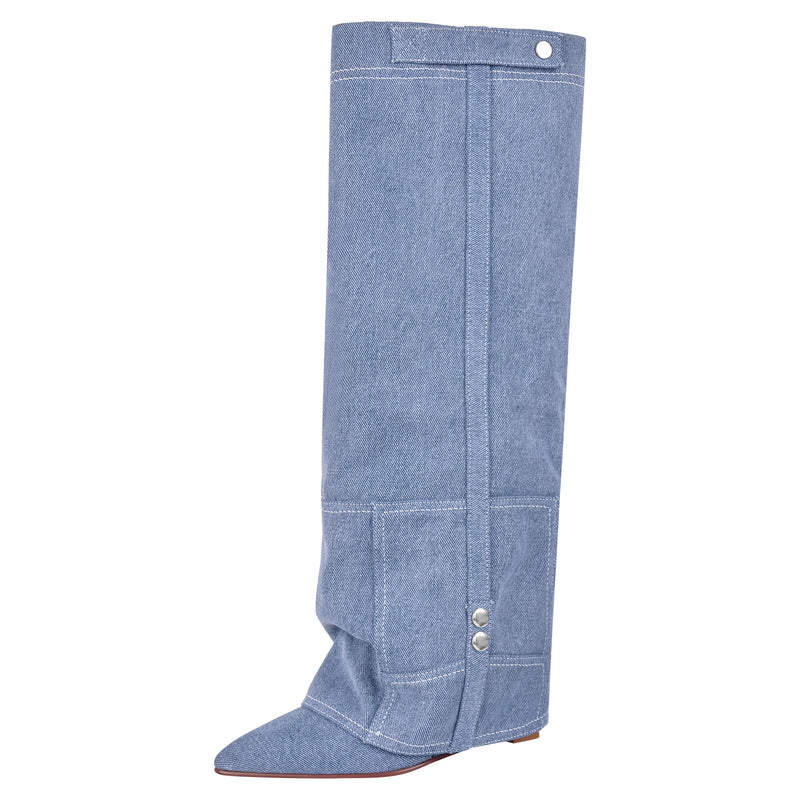 Denim Pointed Toe Wedge Heel Fold Over Boots