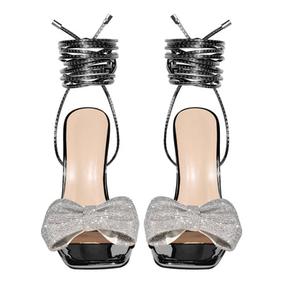 Rhinestone Square Toe Stiletto Ankle Strap Sandals