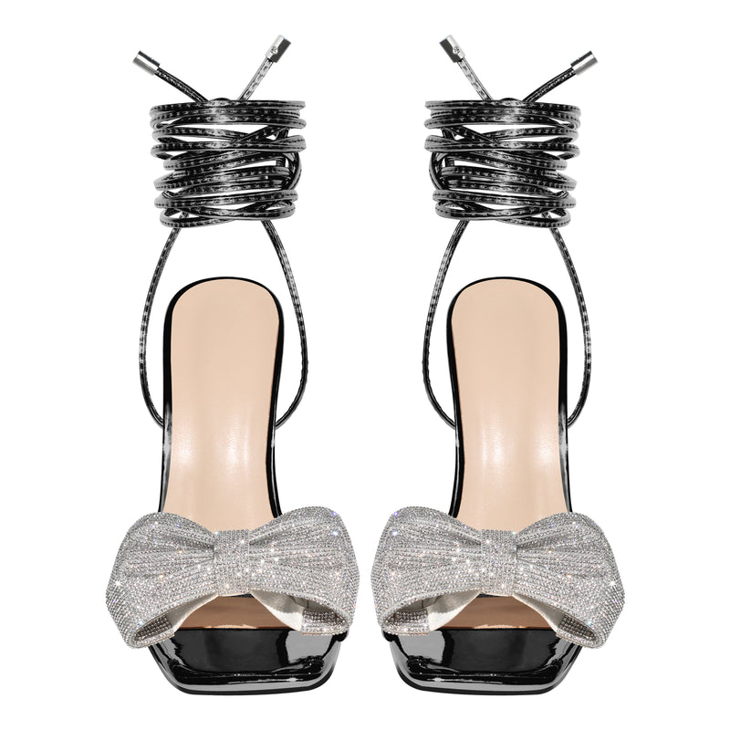 Rhinestone Square Toe Stiletto Ankle Strap Sandals