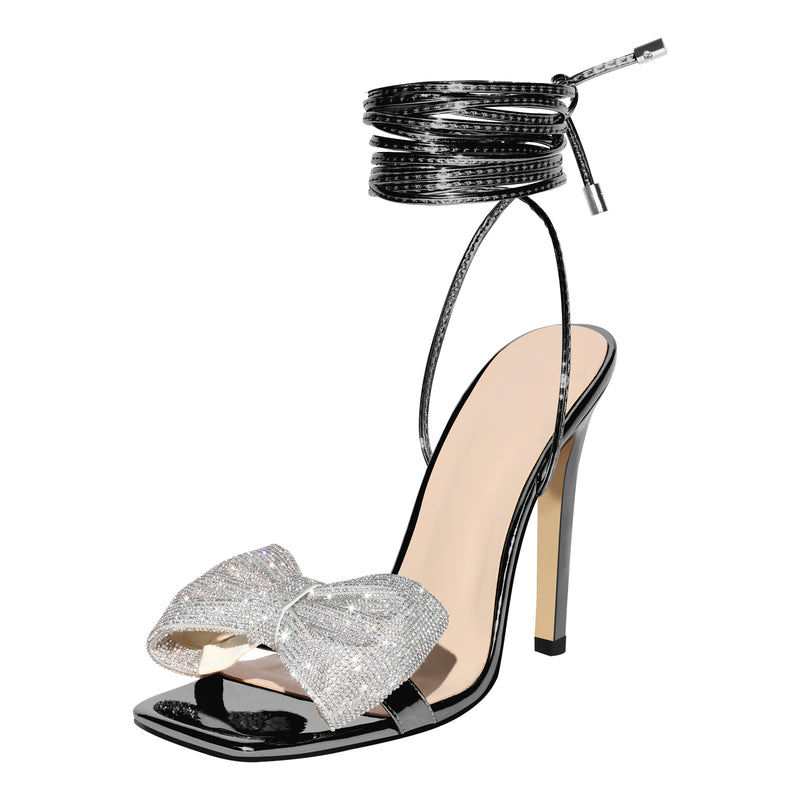 Rhinestone Square Toe Stiletto Ankle Strap Sandals