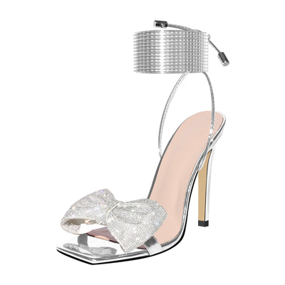 Rhinestone Square Toe Stiletto Ankle Strap Sandals