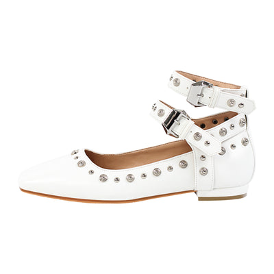 Rivet Square Toe Buckle Ankle Strap Flats