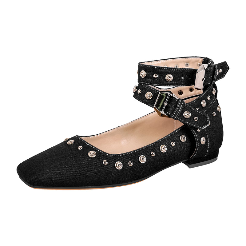 Square Toe Ankle Buckle Strap Flats