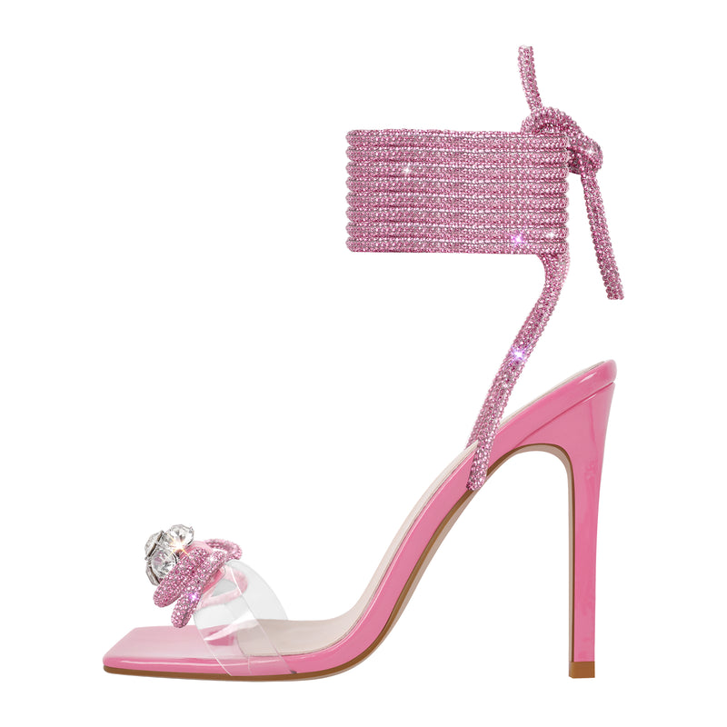 Square Toe Rhinestone Lace-up Stiletto Sandals