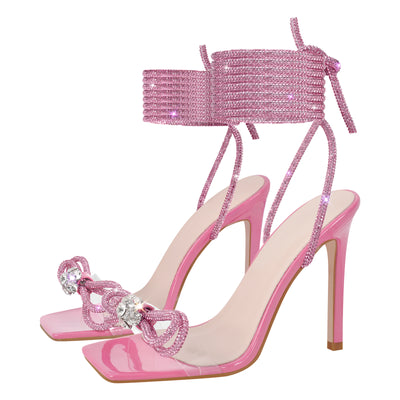 Square Toe Rhinestone Lace-up Stiletto Sandals