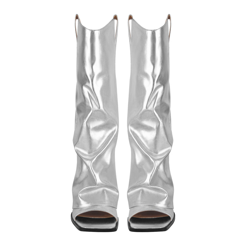 Metallic Square Toe Wedge Heel Fold Over Sandal Boots
