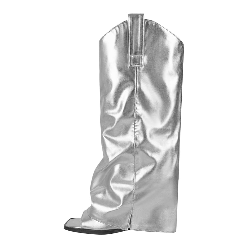 Metallic Square Toe Wedge Heel Fold Over Sandal Boots