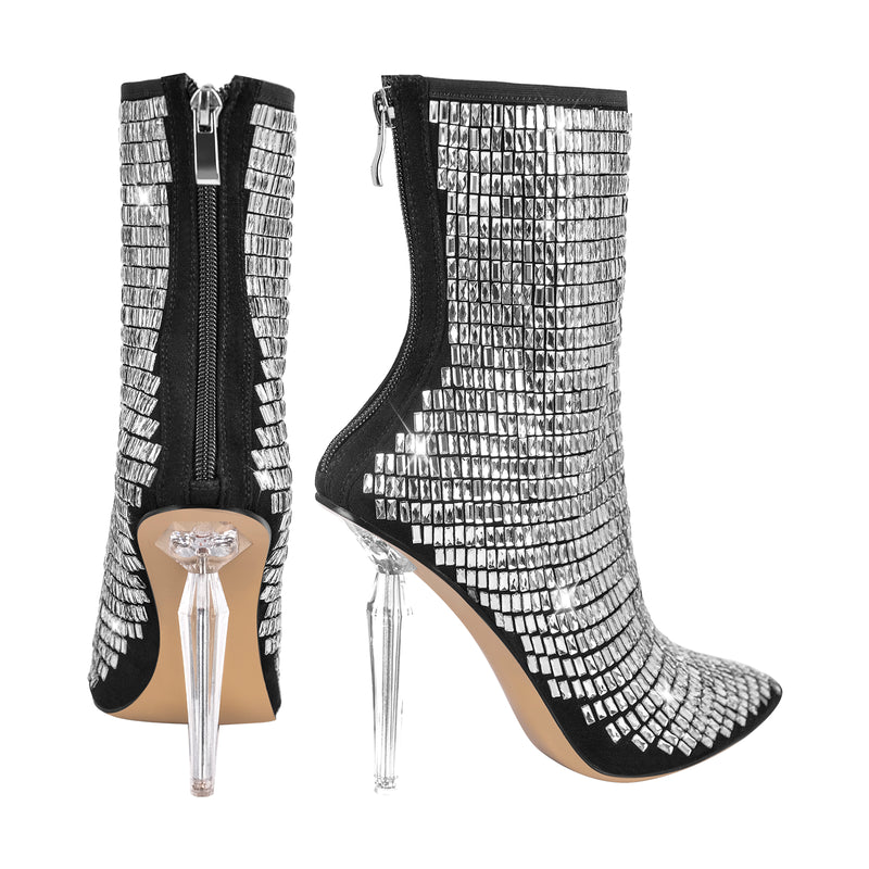 Rhinestone Pointed Toe Stiletto Clear Heel Ankle Boots