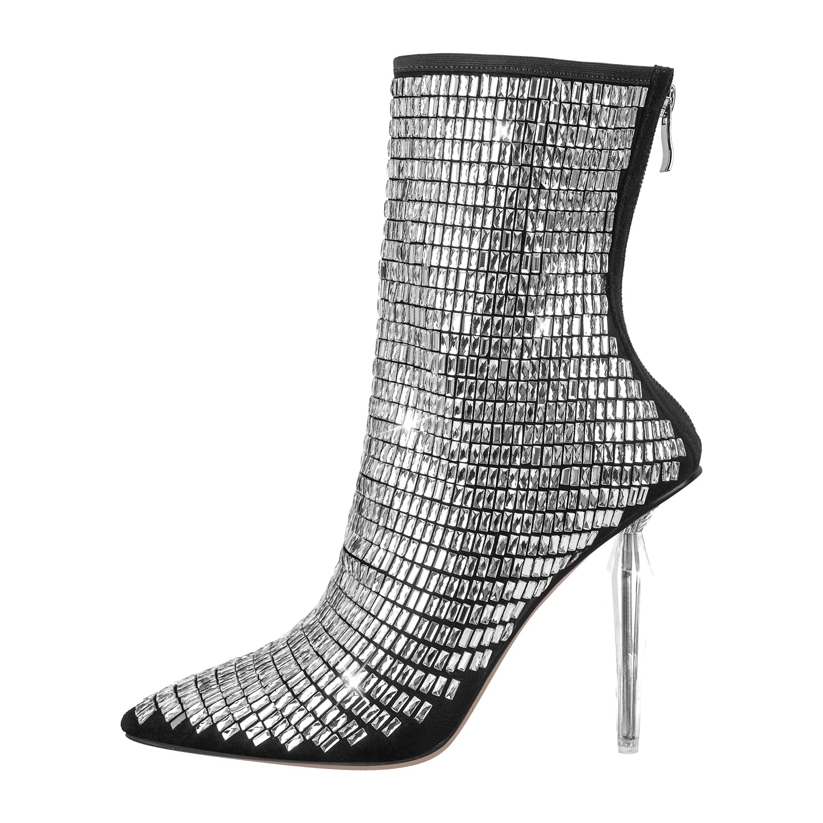 Rhinestone Pointed Toe Stiletto Clear Heel Ankle Boots – Onlymaker