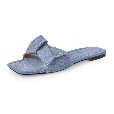 Denim Square Toe Sandals Flats