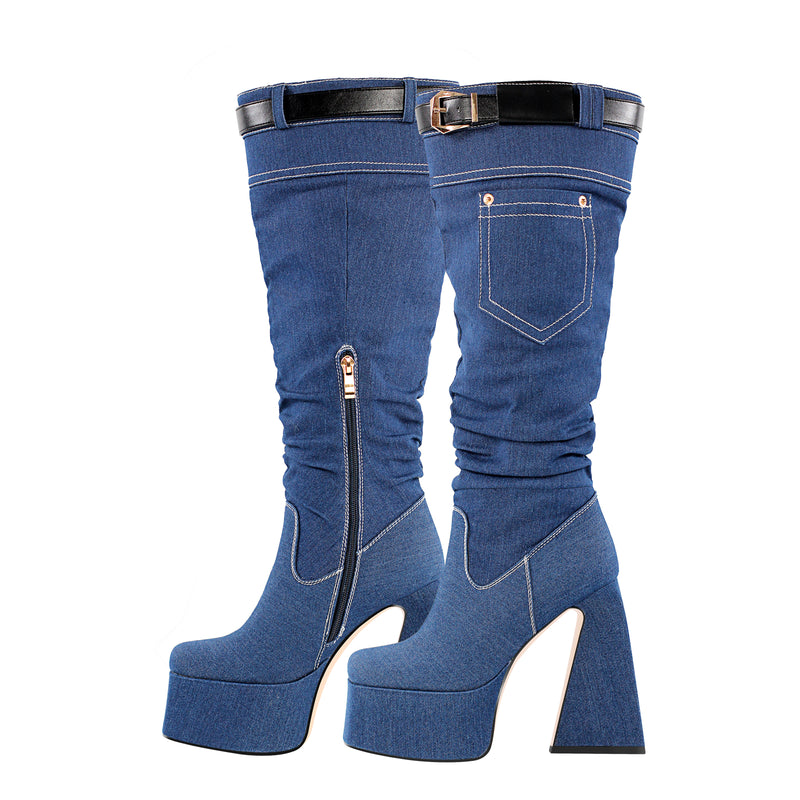 Denim Square Toe Chunky Heel Platform Boots