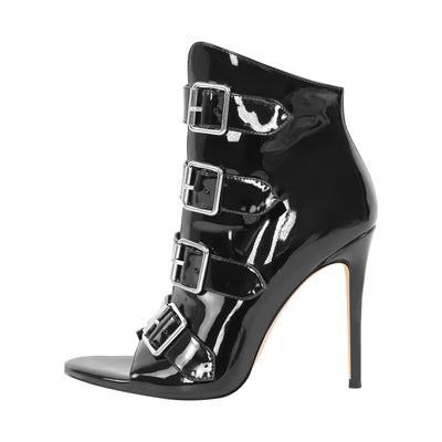 Patent Leather Open Toe Buckle Strap Ankle Boots
