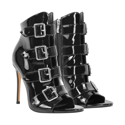 Patent Leather Open Toe Buckle Strap Ankle Boots