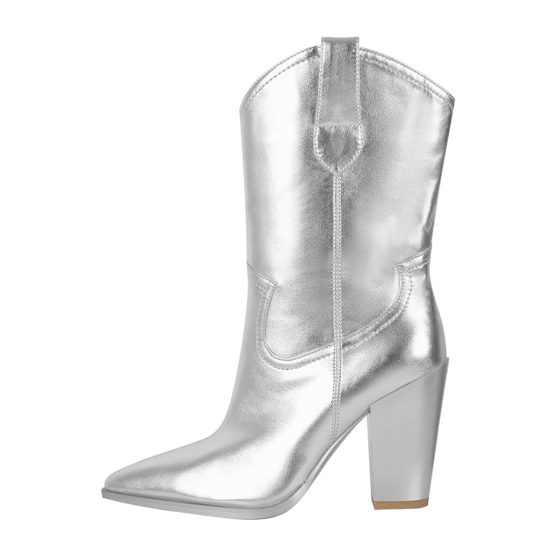 Metallic Pointed Toe Mid-Calf Chunky Heel Western Boots