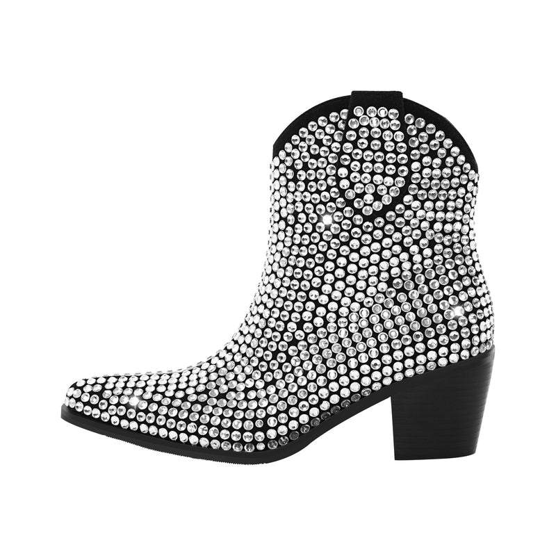 Rhinestone Pointed Toe Chunky Heel Ankle Boots