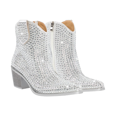 Rhinestone Pointed Toe Chunky Heel Ankle Boots