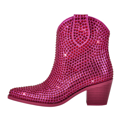 Rhinestone Pointed Toe Chunky Heel Ankle Boots