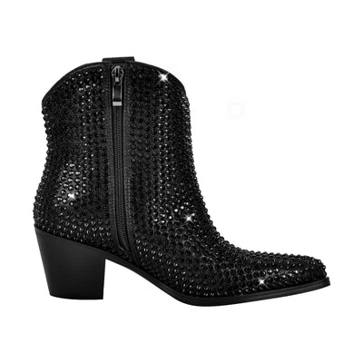Rhinestone Pointed Toe Chunky Heel Ankle Boots
