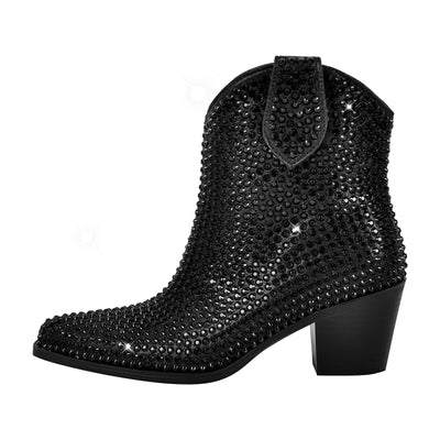 Rhinestone Pointed Toe Chunky Heel Ankle Boots