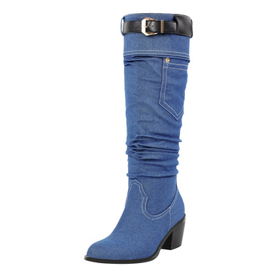 Denim Round Toe Chunky Heel Thigh Boots