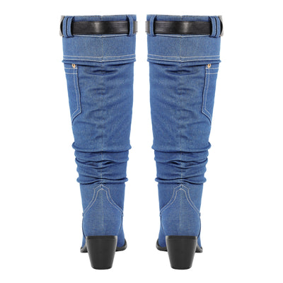 Denim Round Toe Chunky Heel Thigh Boots