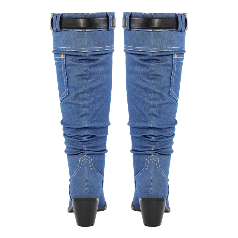 Denim Round Toe Chunky Heel Thigh Boots