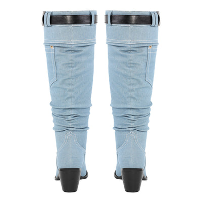 Denim Round Toe Chunky Heel Thigh Boots