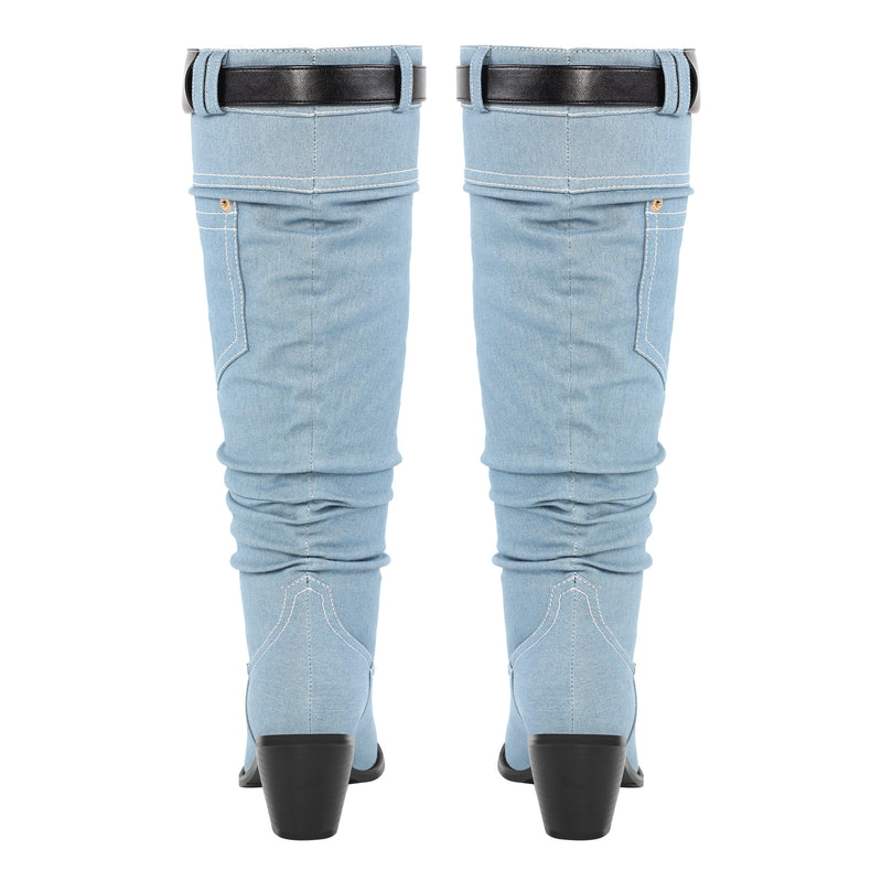 Denim Round Toe Chunky Heel Thigh Boots