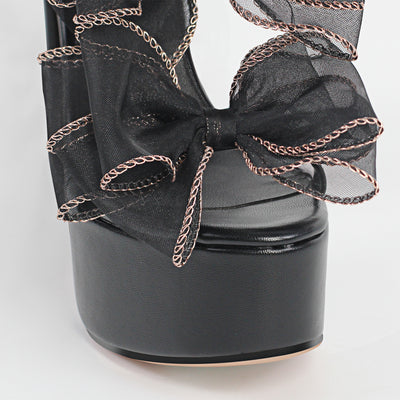 Black Bow Ankle Strap Chunky Heel Platform Sandals