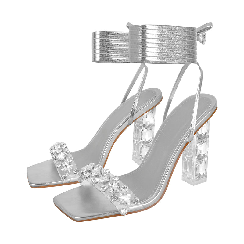 Rhinestone Square Toe Clear Heel Lace-up Sandals