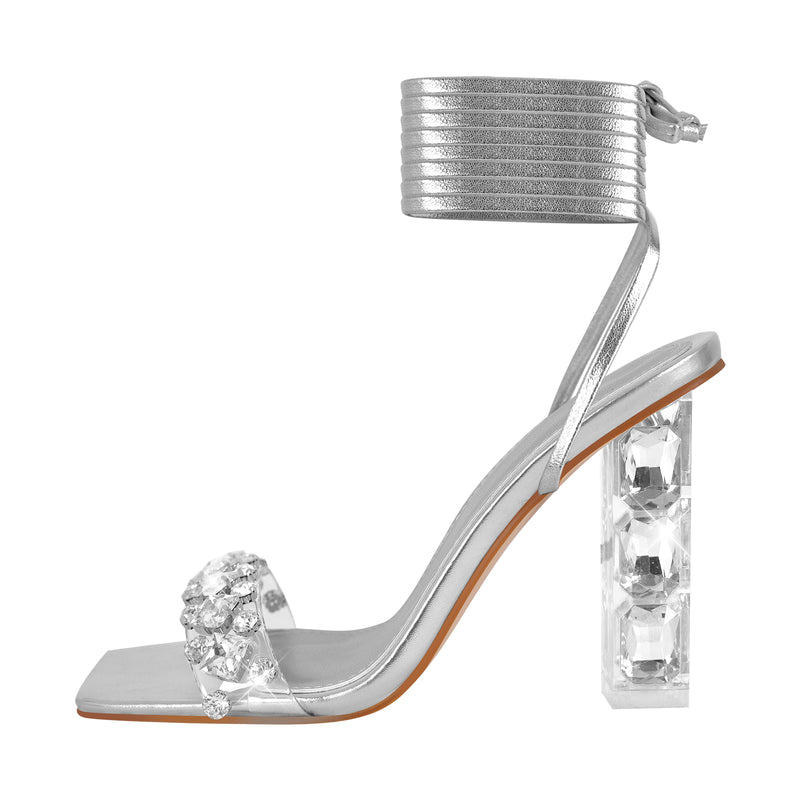 Rhinestone Square Toe Clear Heel Lace-up Sandals