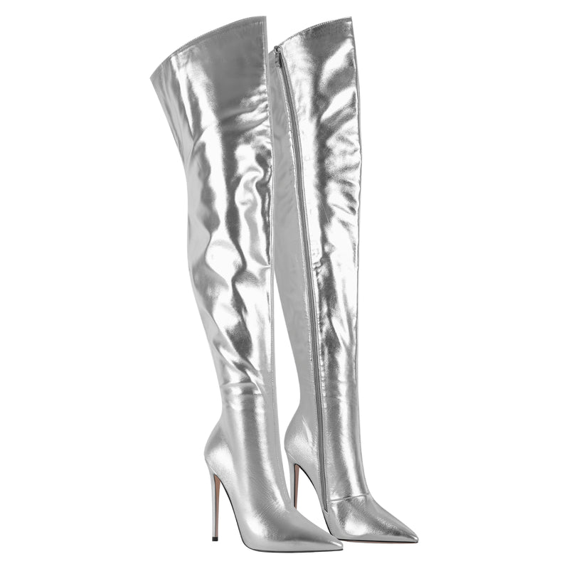 Silver Metallic Pointed Toe Stiletto Over The Knee Boots