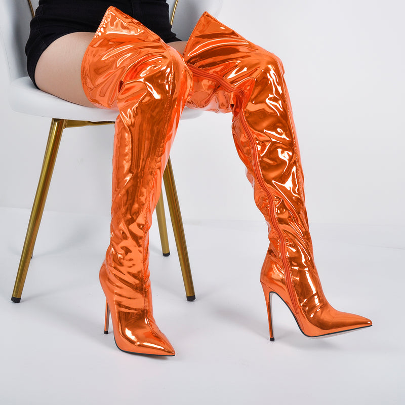 Silver Metallic Pointed Toe Stiletto Over The Knee Boots – Onlymaker
