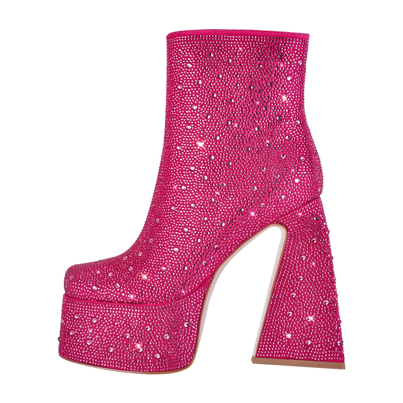 Rose Red Rhinestone Square Toe Chunky Heel Platform Ankle Boots
