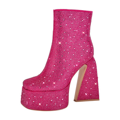 Rose Red Rhinestone Square Toe Chunky Heel Platform Ankle Boots