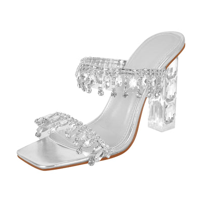 Silver Rhinestone Square Toe Clear Chunky Heel Sandals