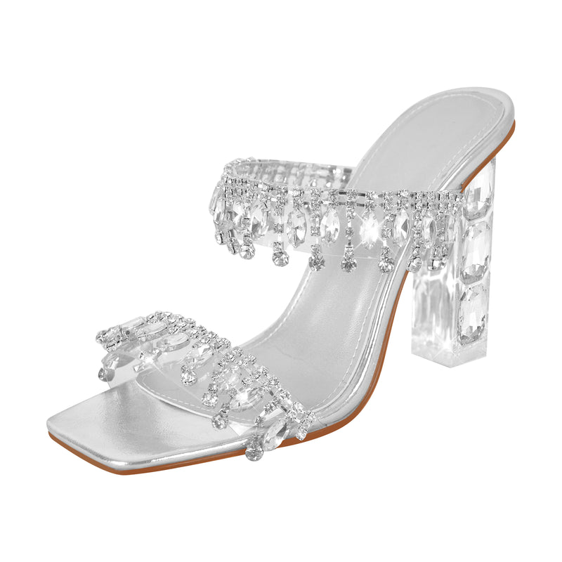 Silver Rhinestone Square Toe Clear Chunky Heel Sandals