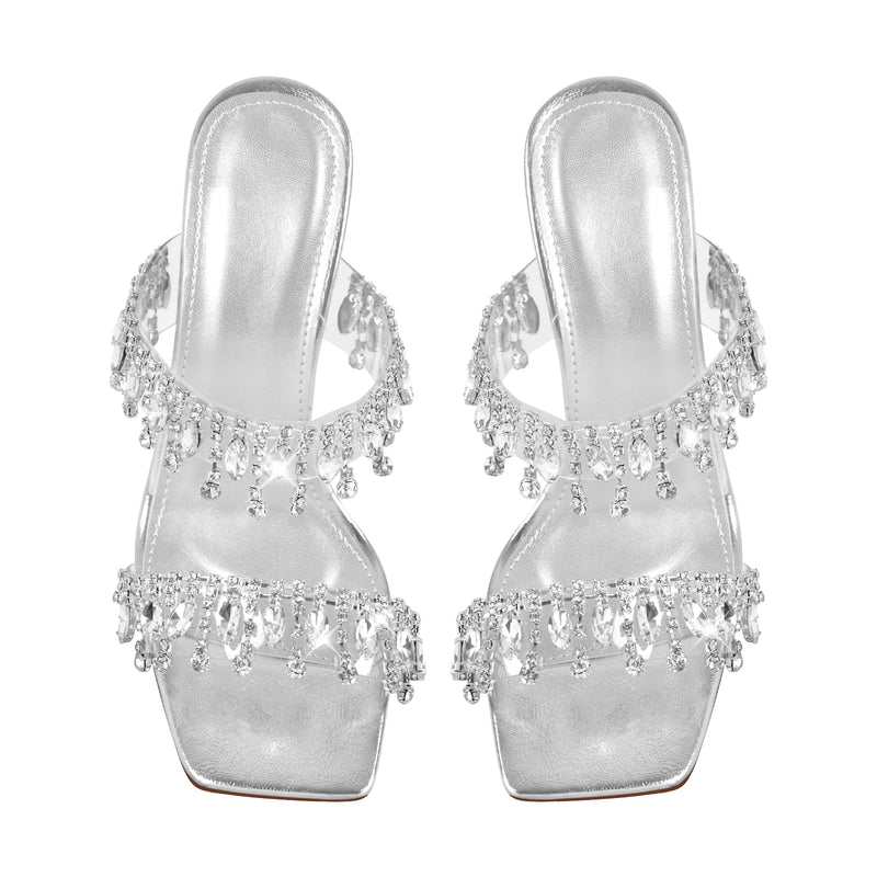 Silver Rhinestone Square Toe Clear Chunky Heel Sandals