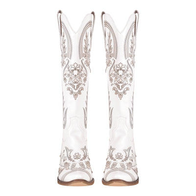 Embroidery Rhinestone Chunky Heel Thigh High Boots