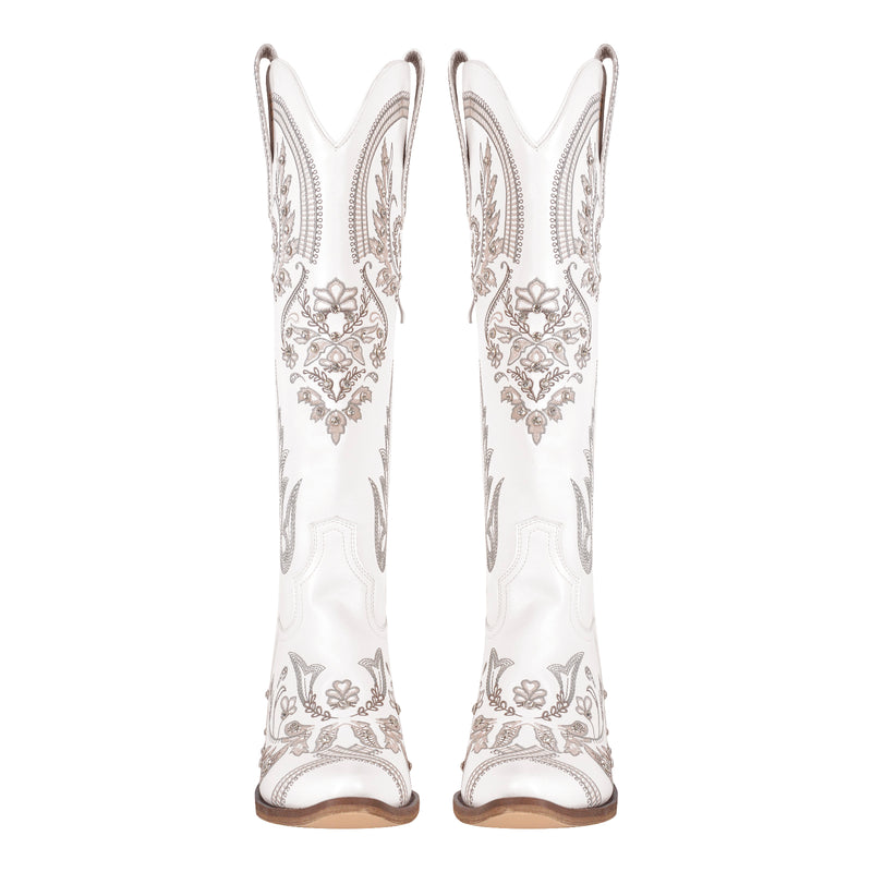 Embroidery Rhinestone Chunky Heel Thigh High Boots