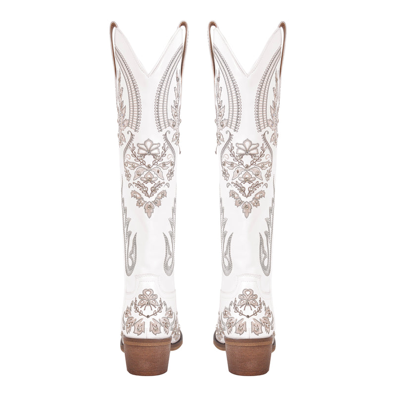 Embroidery Rhinestone Chunky Heel Thigh High Boots