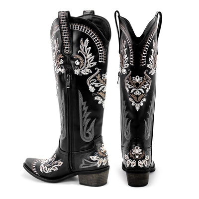 Embroidery Rhinestone Chunky Heel Thigh High Boots