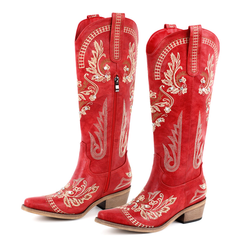 Embroidery Rhinestone Chunky Heel Thigh High Boots