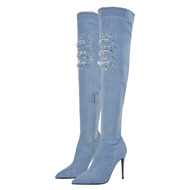 Denim Pointed Toe High Stiletto Over The Knee Boots