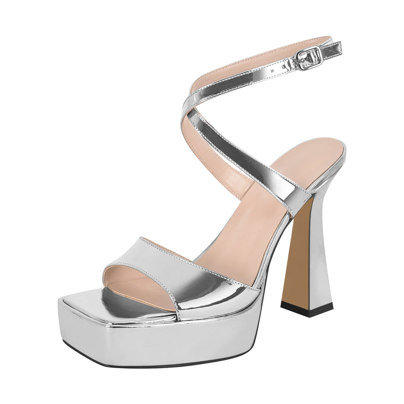 Square Toe Chunky Heel Ankle Strap Silver Sandals