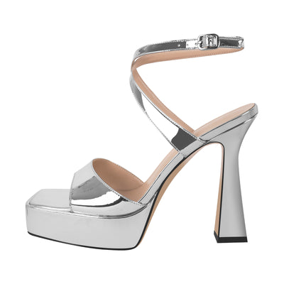 Square Toe Chunky Heel Ankle Strap Silver Sandals