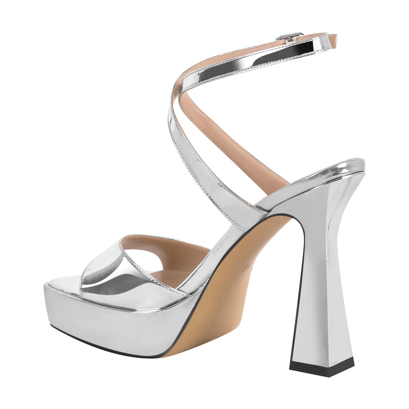 Square Toe Chunky Heel Ankle Strap Silver Sandals