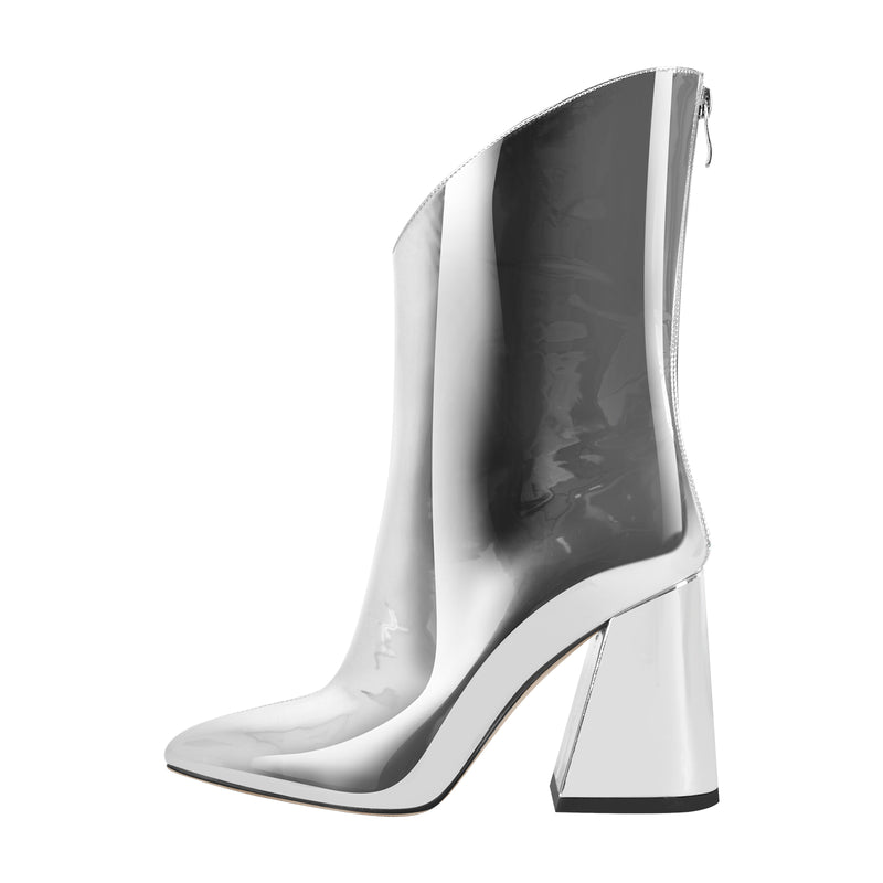 Silver Metallic Leather Chunky Heel Ankle Boots