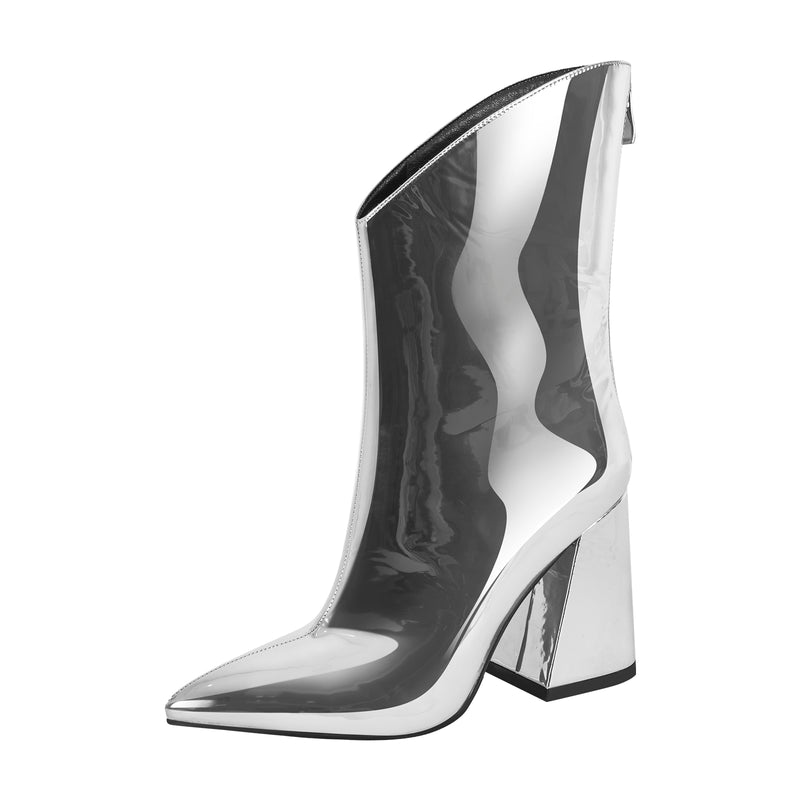 Silver Metallic Leather Chunky Heel Ankle Boots